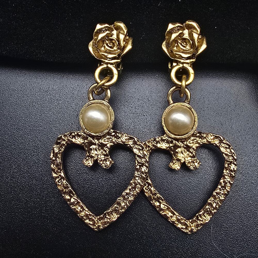 Gold Tone Dangling Heart Clip On Earrings Faux Pearl Vintage Costume Jewelry
